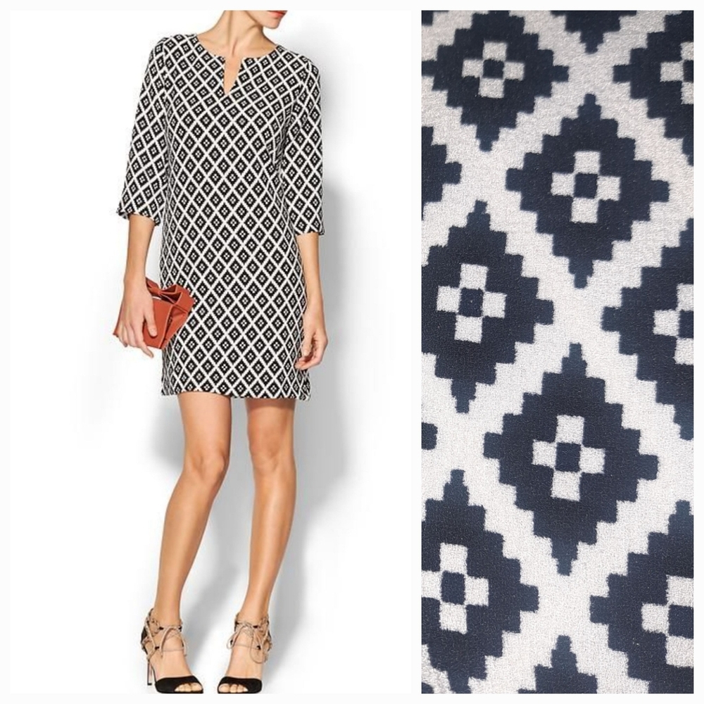 EVERLY ANTHROPOLOGIE Geo Print 3/4 Sleeve Mini Shift Tunic Dress Sz S Blk/Wht